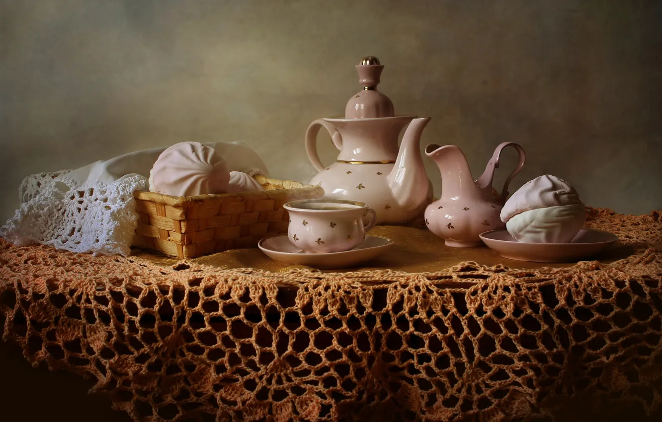 Photo wallpaper table, tea, hot, kettle, pair, Cup, still life, saucer