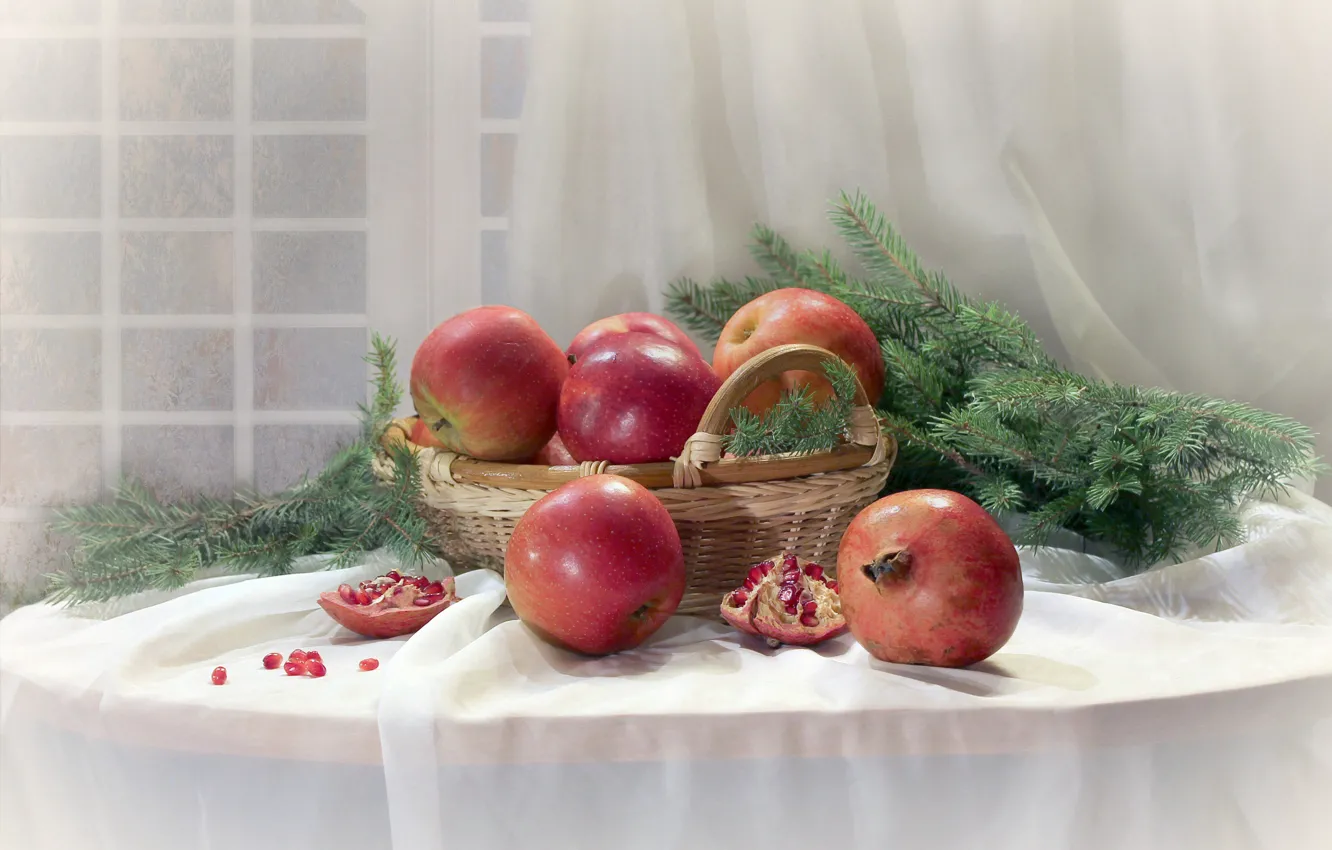 Photo wallpaper table, basket, apples, fruit, still life, tablecloth, garnet, pine branches