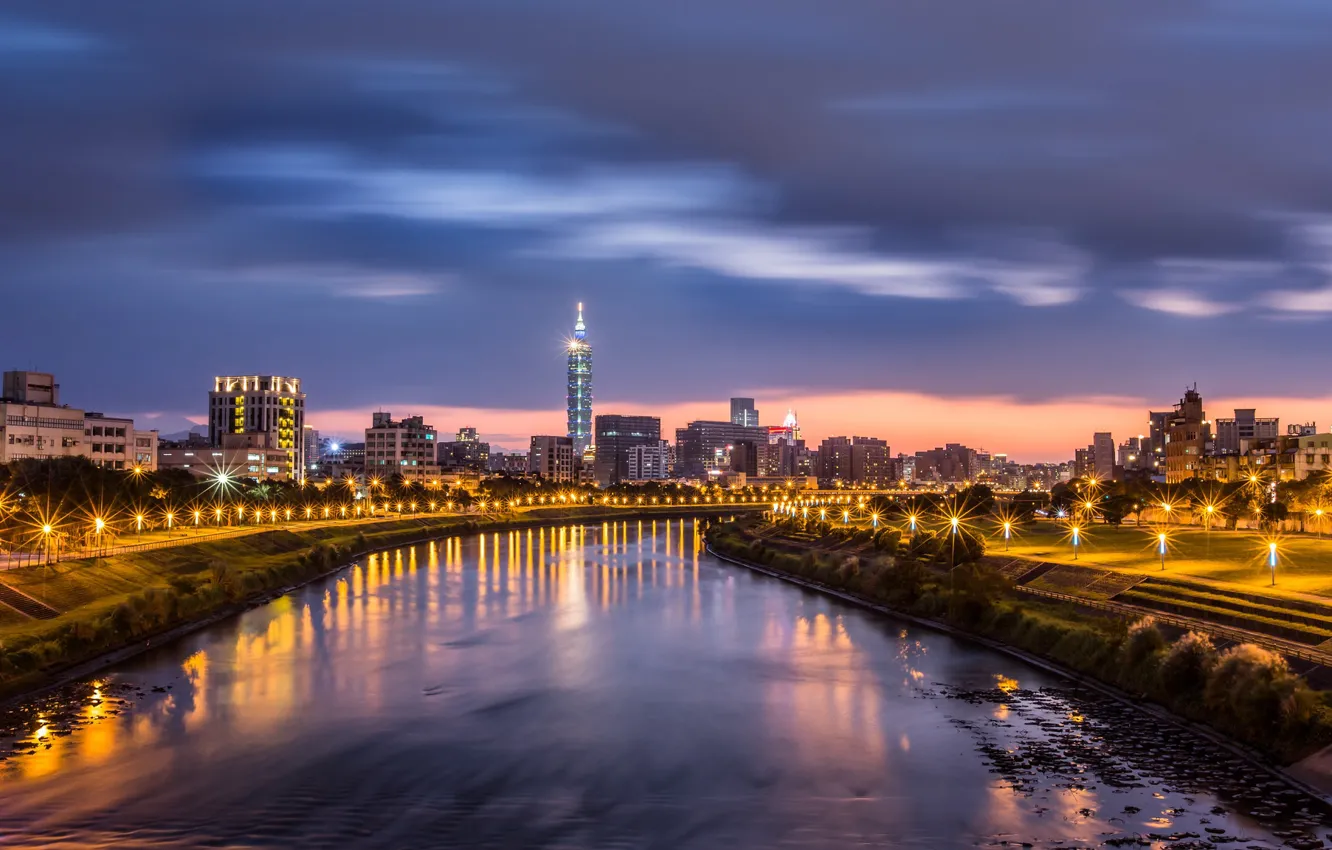 Photo wallpaper the sky, water, clouds, light, night, clouds, the city, lights