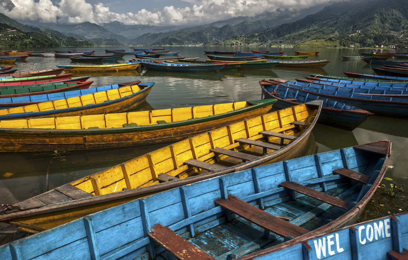 Photo wallpaper the sky, mountains, clouds, lake, boat