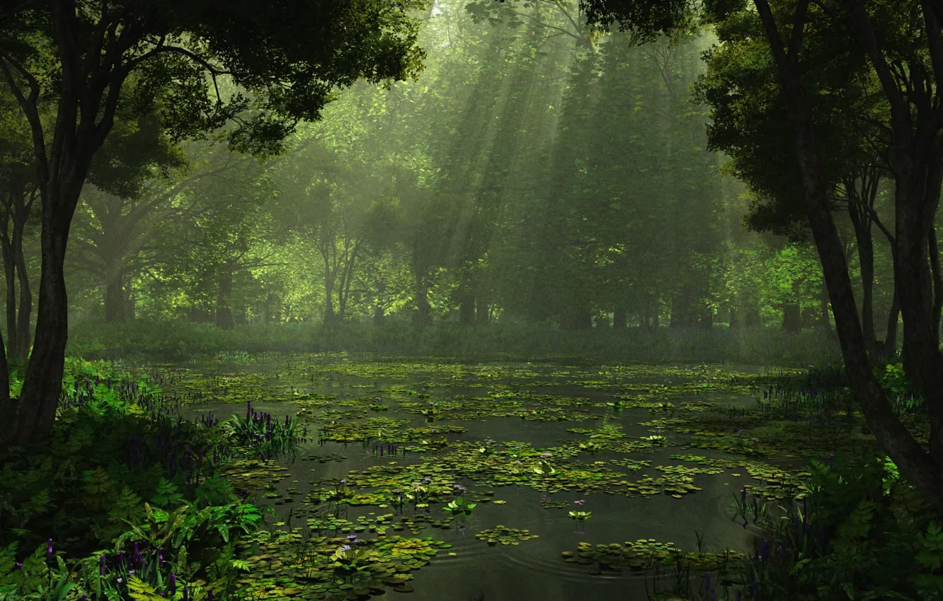 Photo wallpaper forest, trees, nature, lake, rendering