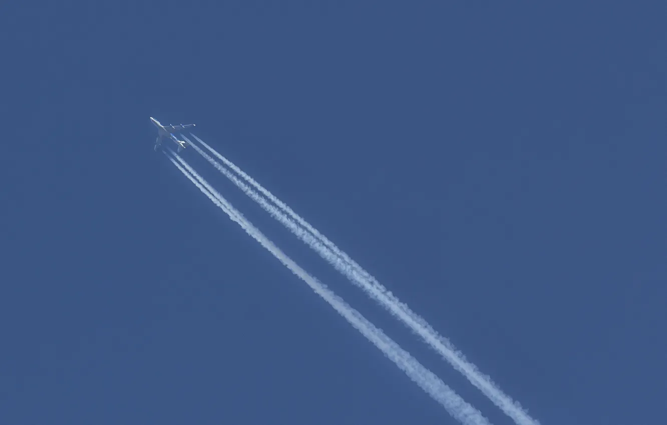 Photo wallpaper the sky, blue, traces, smoke, the plane