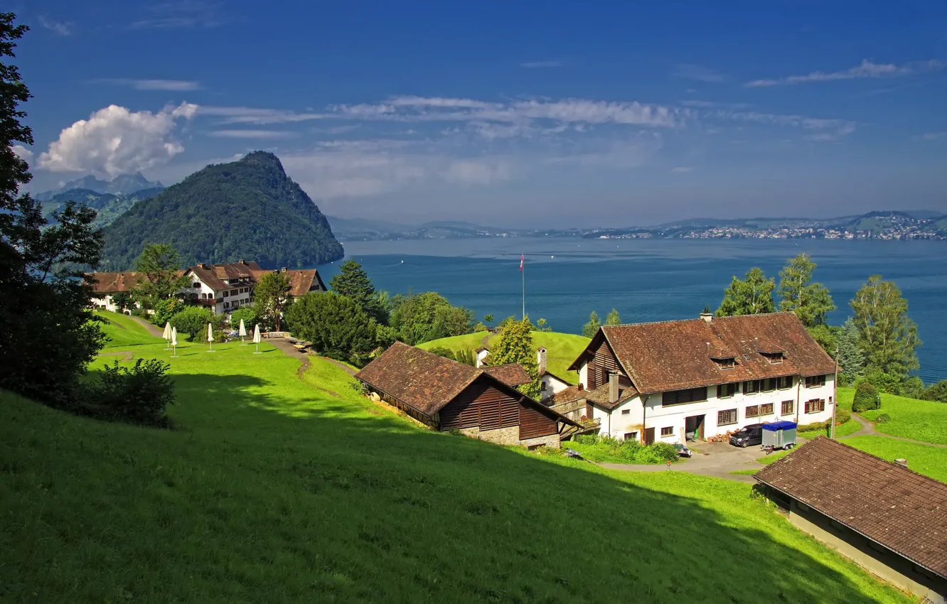 Photo wallpaper mountains, lake, shore, home, Switzerland, slope, Lake Lucerne, Gersau