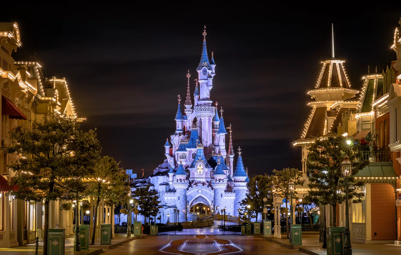 Photo wallpaper night, lights, Park, CA, USA, USA, Disneyland, Disneyland