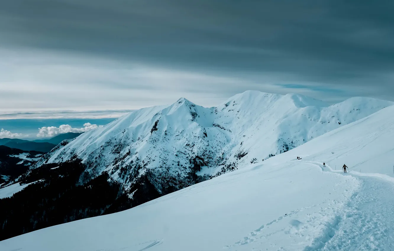 Photo wallpaper winter, road, the sky, clouds, snow, mountains, clouds, overcast