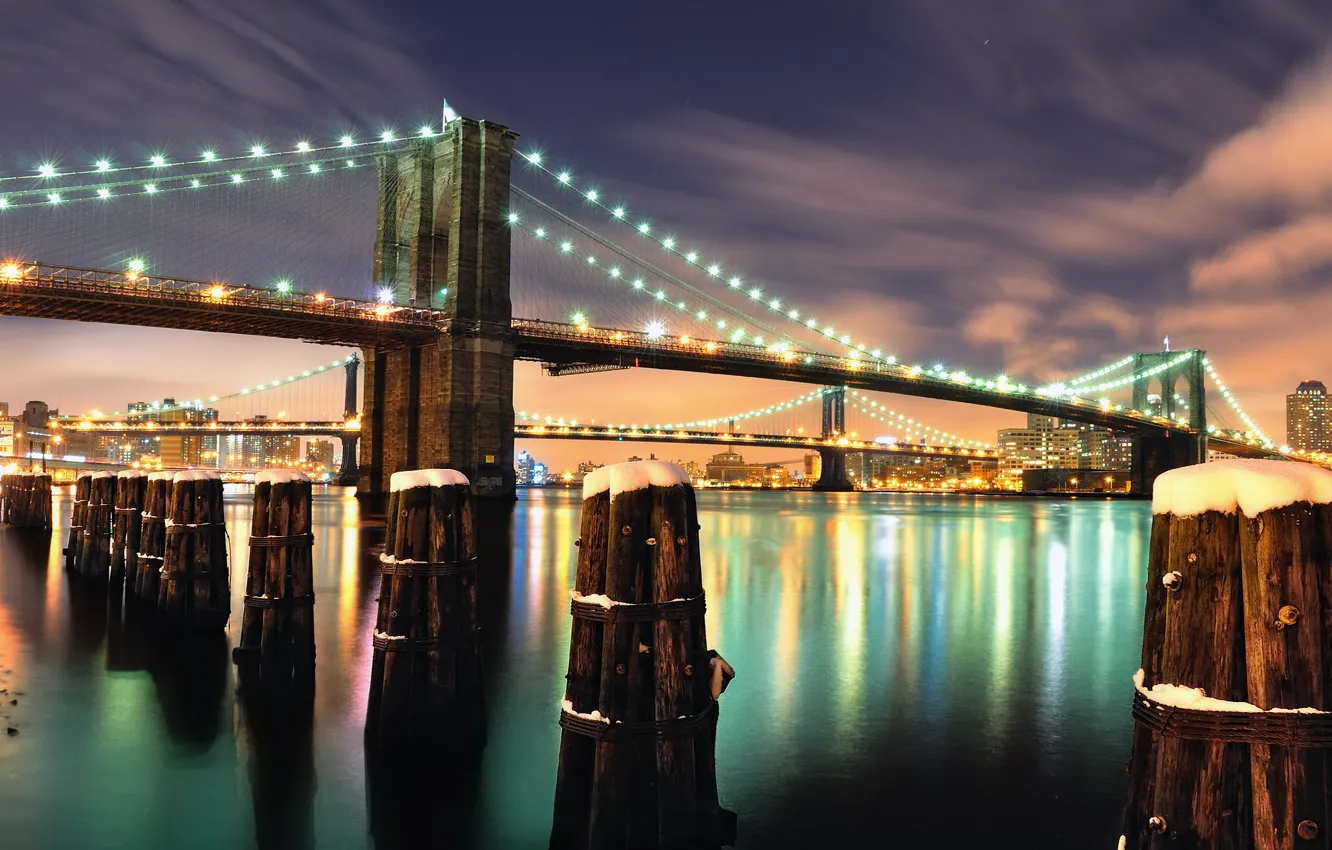 Photo wallpaper snow, night, bridge, lights, Bridge, Brooklyn, Night, NYC