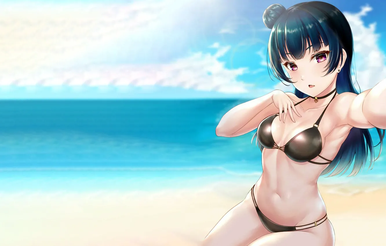 Photo wallpaper girl, sexy, cleavage, beach, long hair, sea, boobs, anime