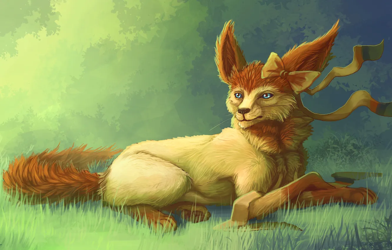 Photo wallpaper grass, animal, art, Fox, ears, bow