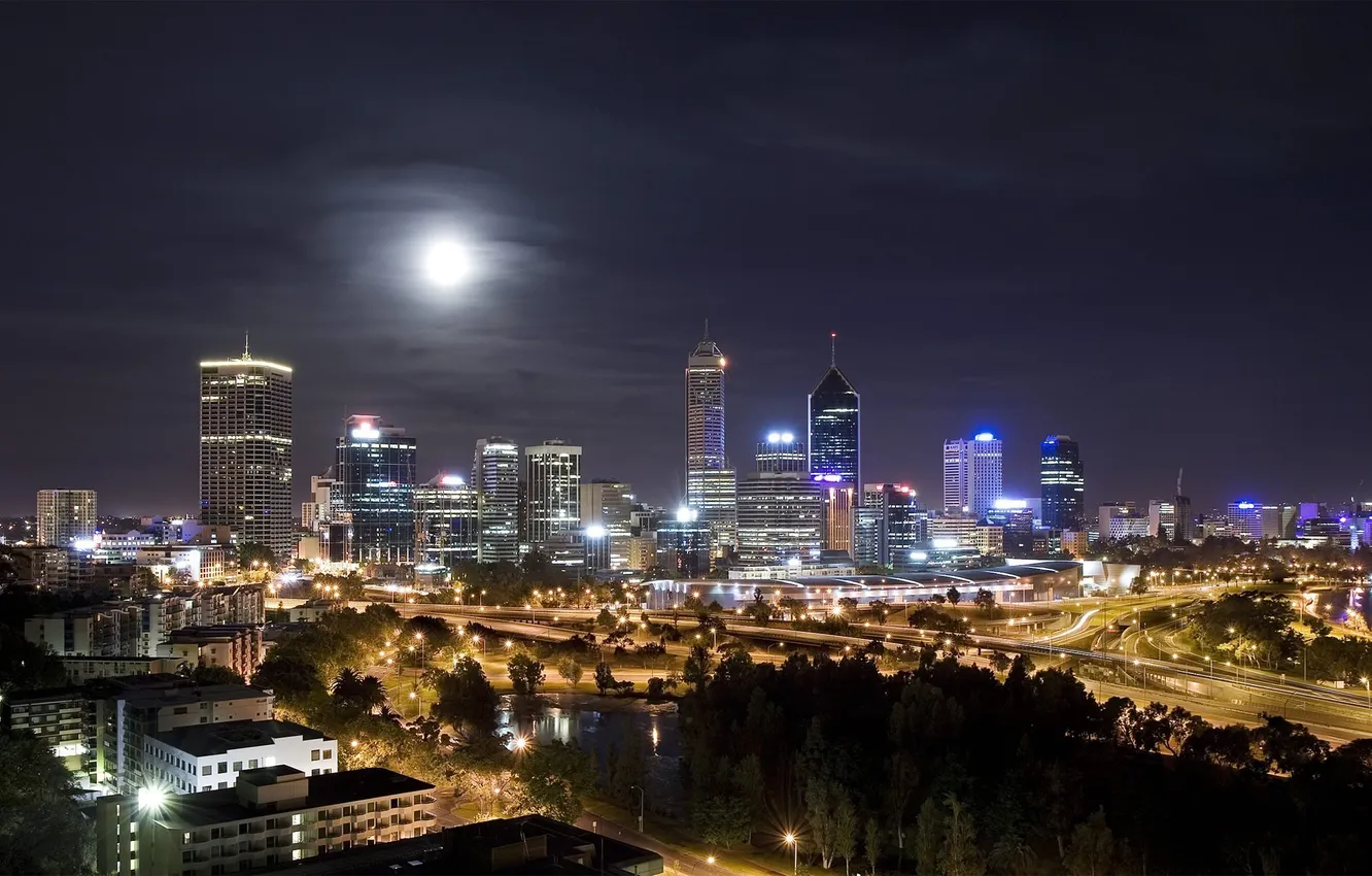 Photo wallpaper road, night, lights, the moon, skyscrapers