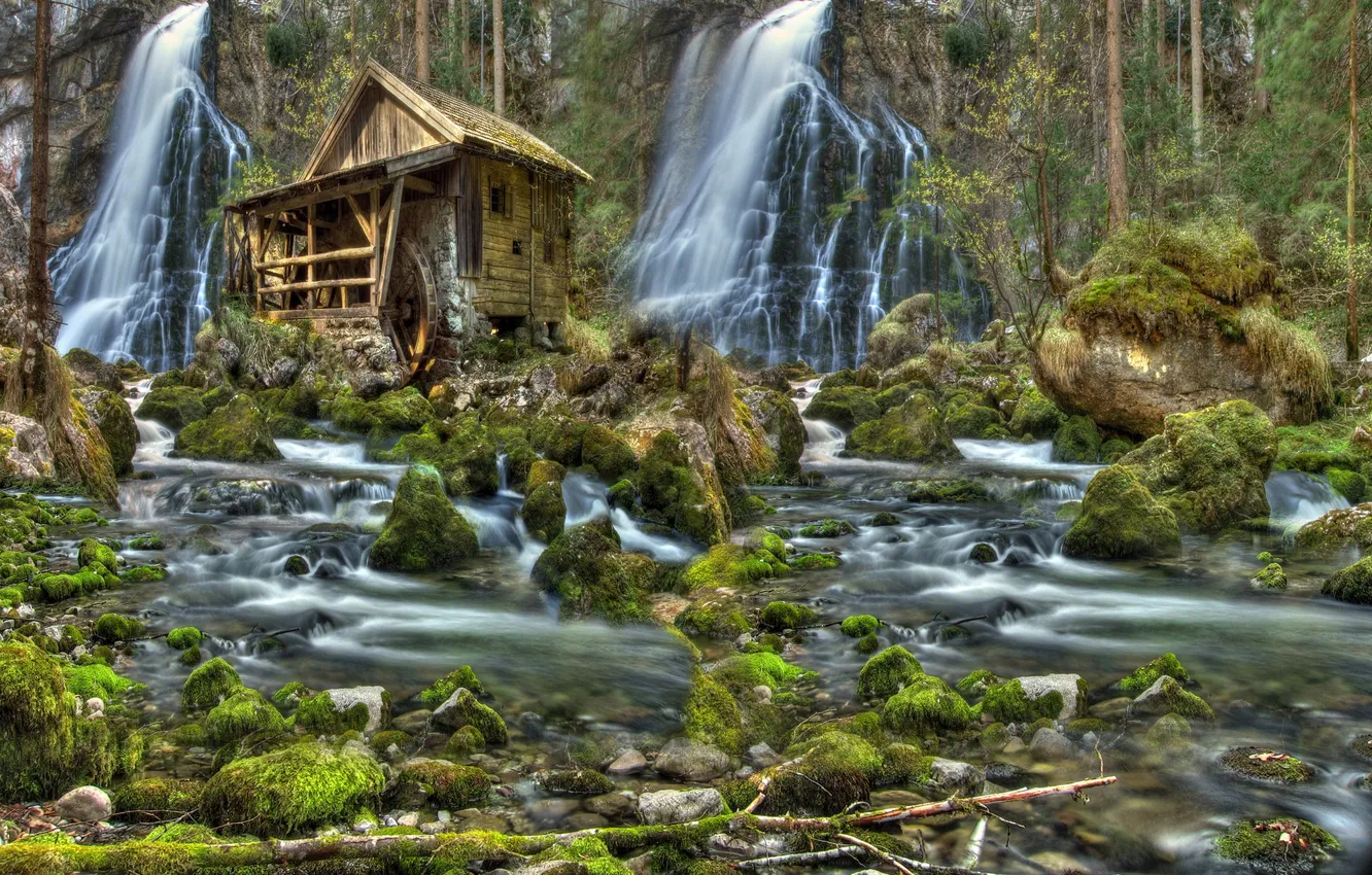 Photo wallpaper landscape, nature, stones, waterfall, moss, HDR, mill, house
