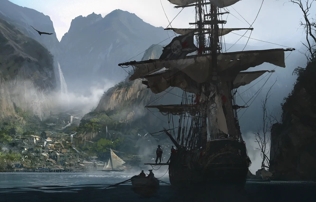 Photo wallpaper ship, sails, pirates, black, flag, creed, assassins
