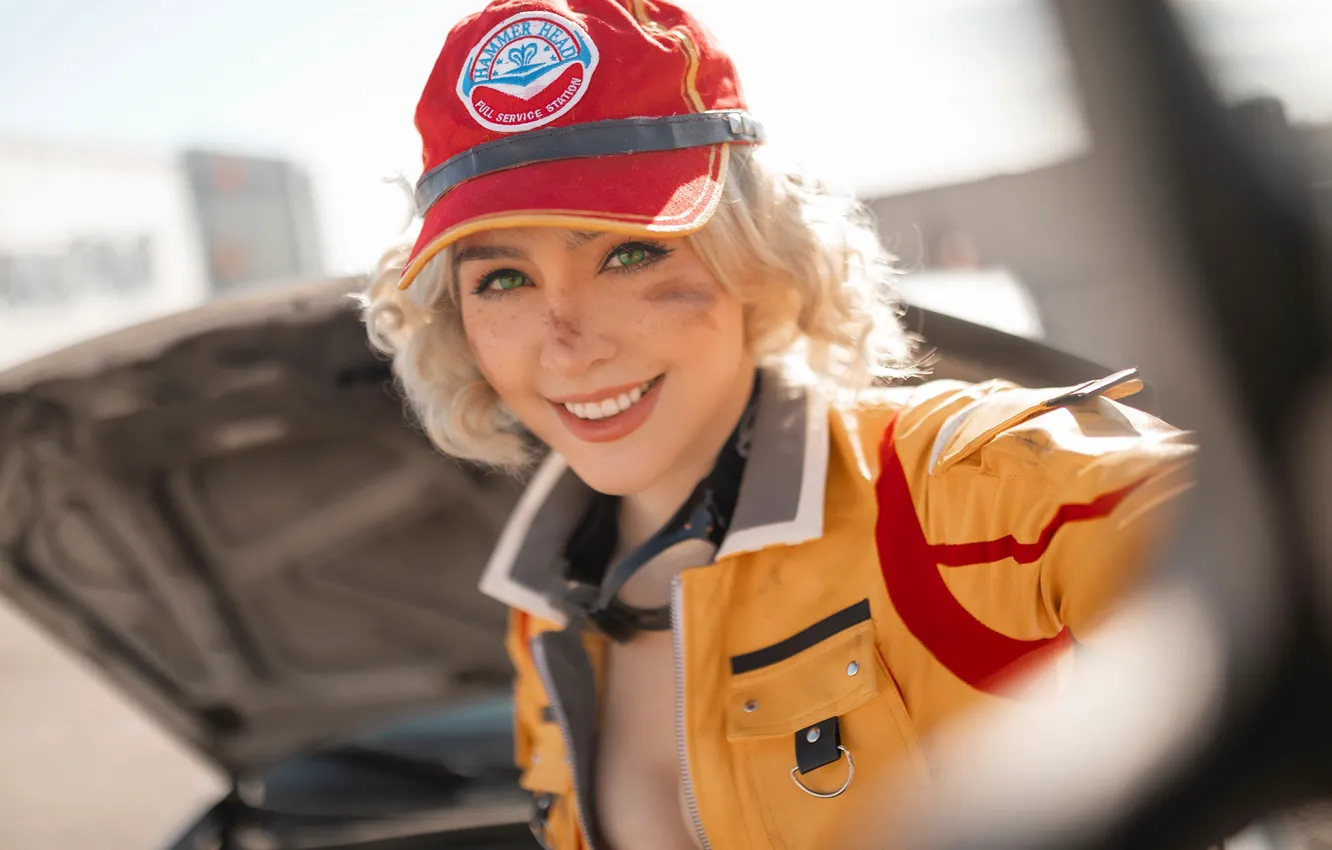 Photo wallpaper car, Final Fantasy, green eyes, hat, model, women, cosplay, blonde