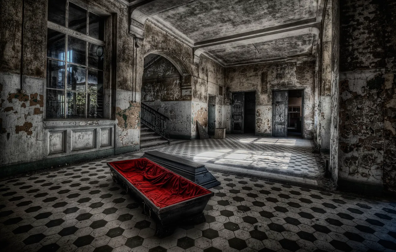 Photo wallpaper dark, dirt, windows, walls, room, fine red velvet, coffin, casket