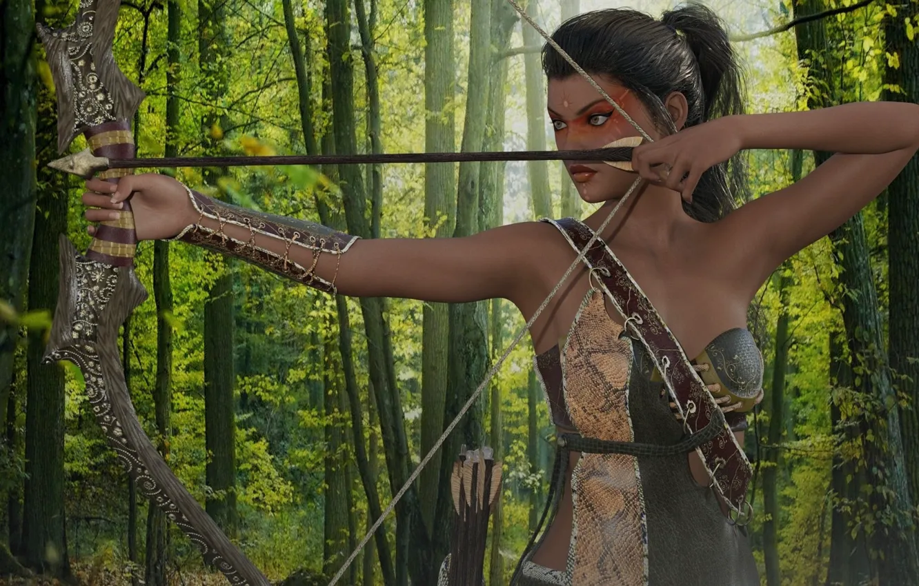 Photo wallpaper forest, girl, weapons, bow
