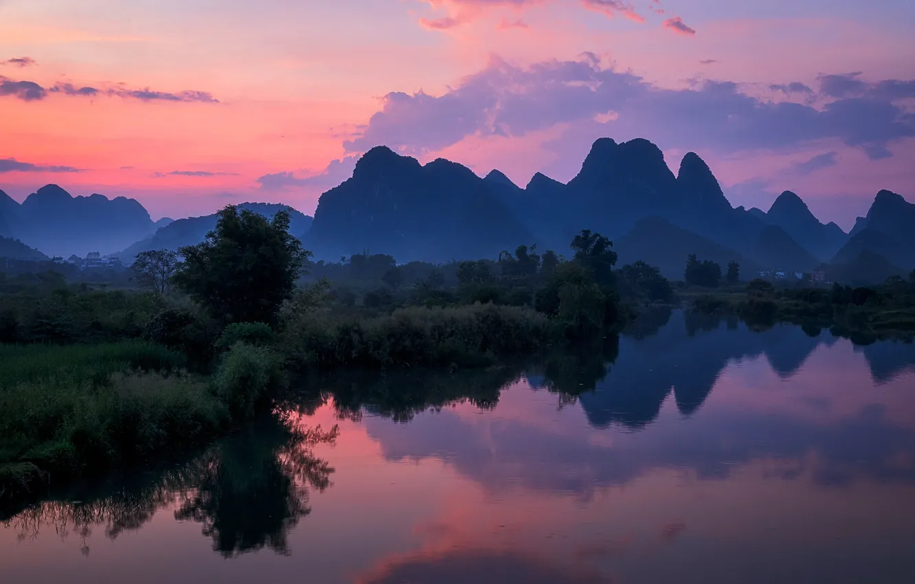 Photo wallpaper mountains, lake, China, Guangxi