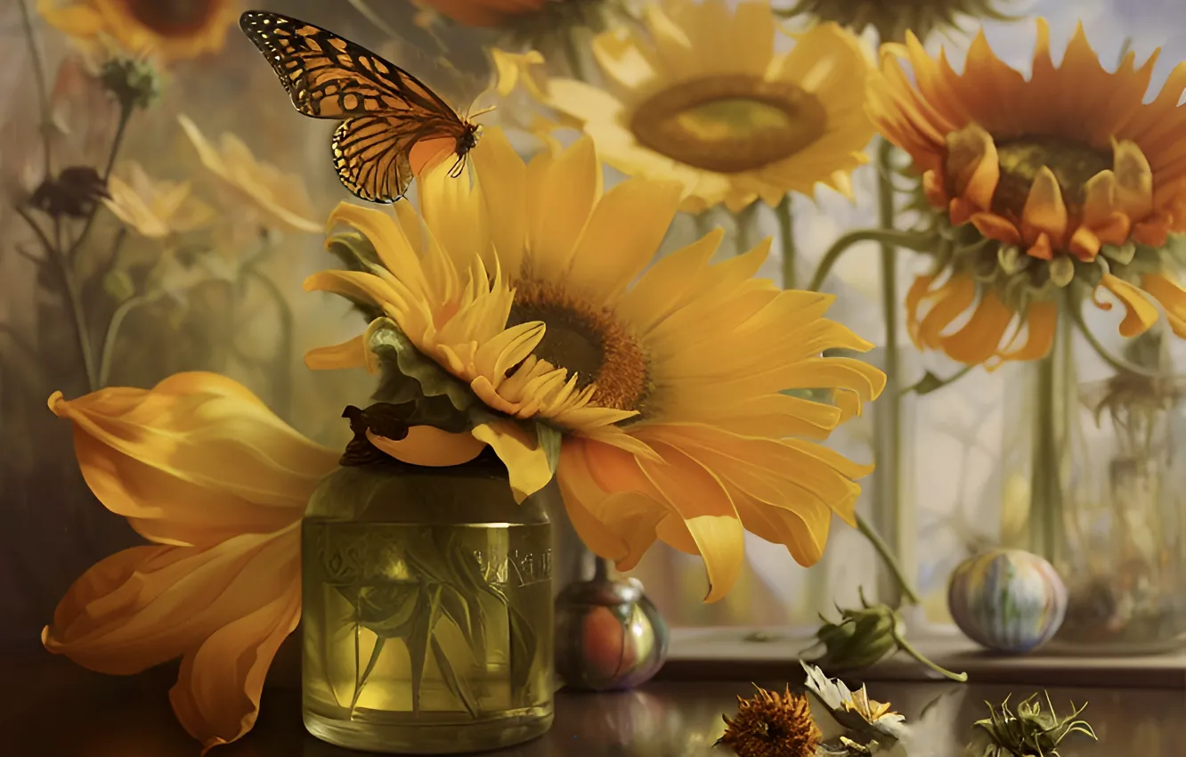 Photo wallpaper flowers, bouquet, still life, AI art, neural network