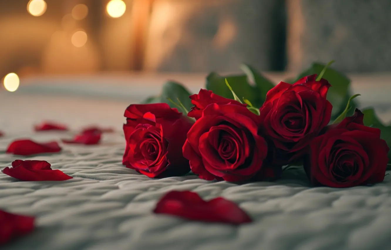 Photo wallpaper red, flowers, AI art, bed, bouquet, roses