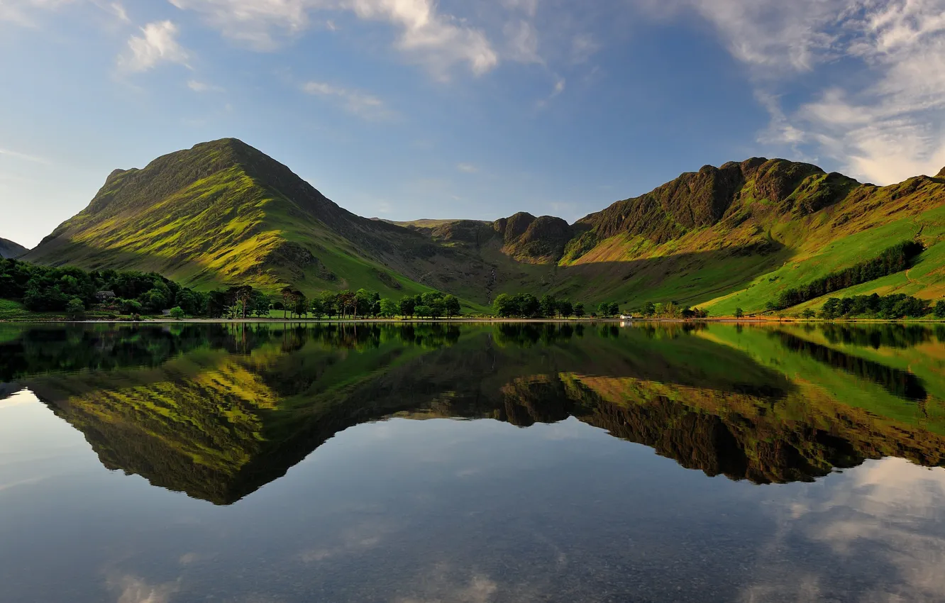 Photo wallpaper summer, clouds, trees, mountains, green, lake, blue, hills