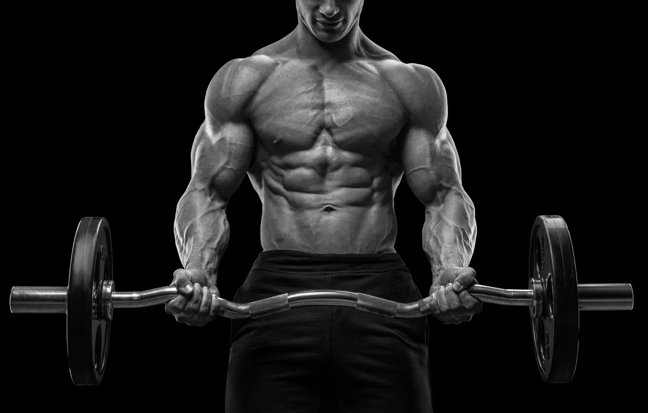 Photo wallpaper Muscle, muscle, rod, background black, muscles, press, gym, bodybuilder