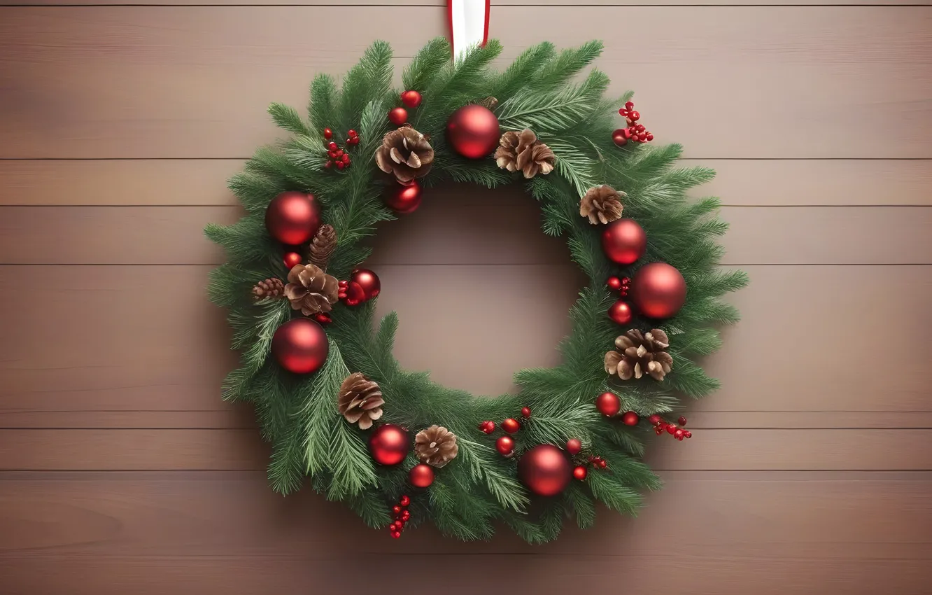 Photo wallpaper branches, red, Board, new year, the door, fruit, Christmas, needles