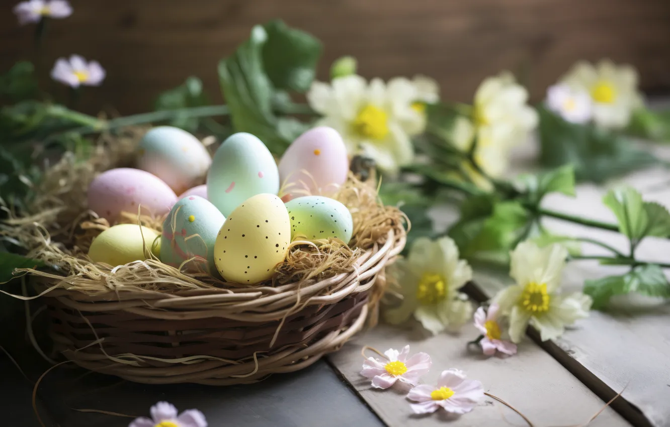 Photo wallpaper flowers, eggs, Easter, socket, eggs