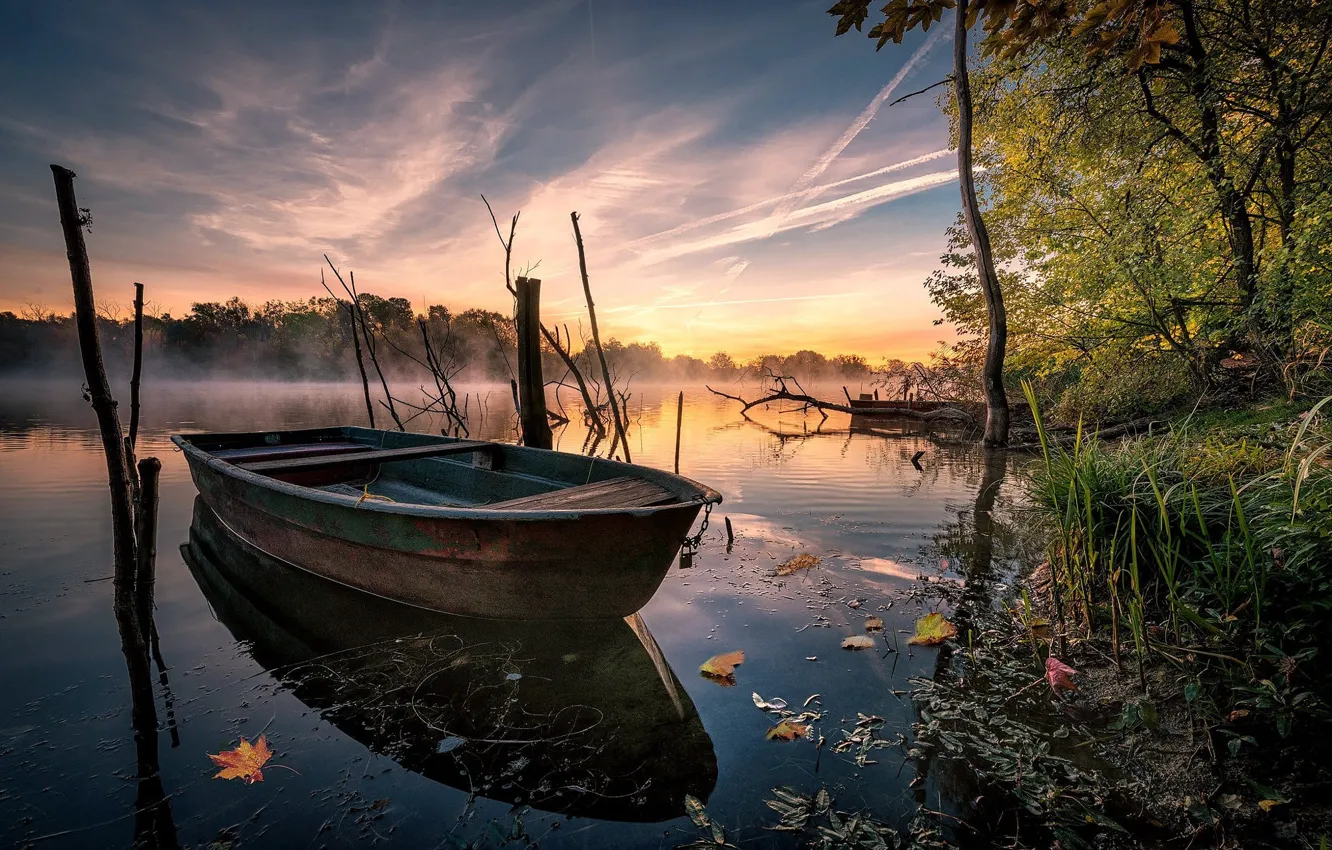 Photo wallpaper autumn, landscape, nature, fog, lake, boat, morning