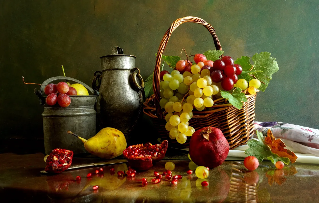 Photo wallpaper basket, grapes, pear, garnet