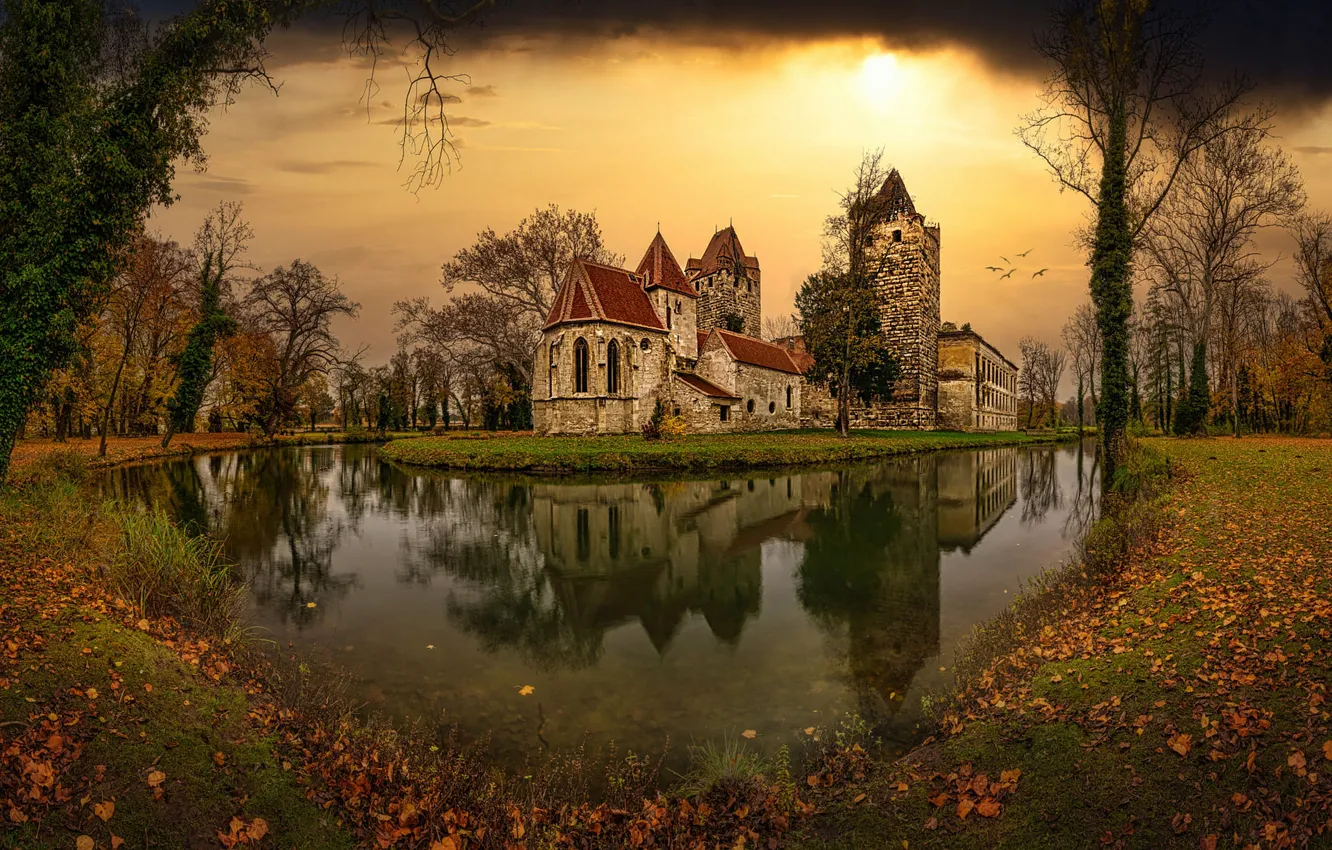 Photo wallpaper autumn, sunset, pond, reflection, castle, shore, foliage, architecture