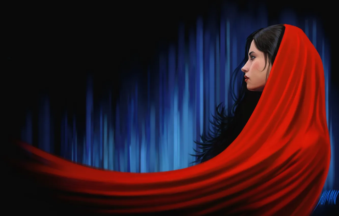 Photo wallpaper girl, red, art, fabric, profile, Cape, Arash Salehe Shoushtari