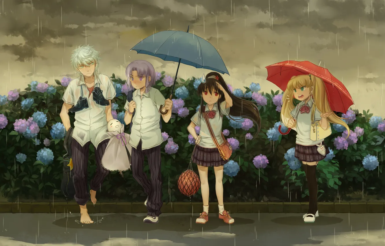 Photo wallpaper the sky, clouds, girls, rain, umbrella, anime, art, form