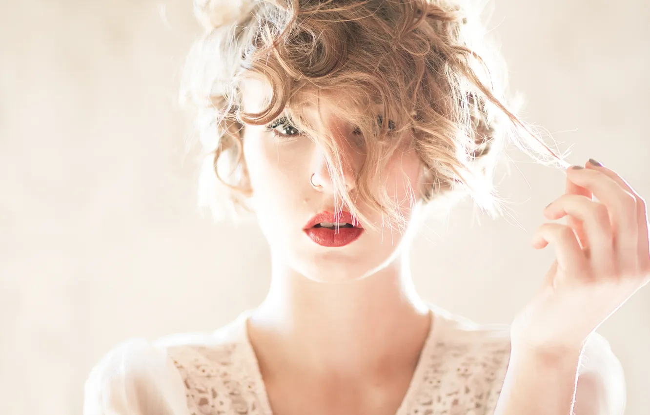 Photo wallpaper girl, hair, piercing, ring, blonde, lips