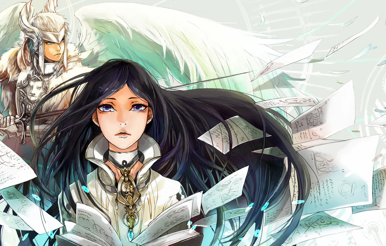 Photo wallpaper leaves, girl, wings, sword, guy, art, sadon