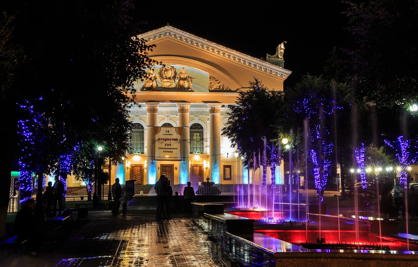 Photo wallpaper night, the city, people, fountain, Russia, Russia, Theatre square, Kaluga