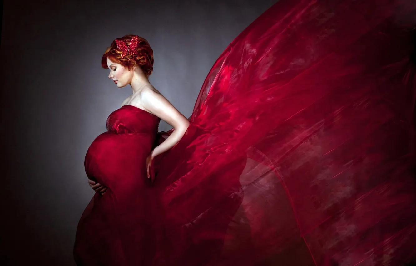 Photo wallpaper red, butterfly, hair, color, dress, fabric, profile, red