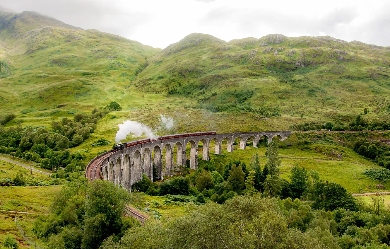 Photo wallpaper landscape, bridge, train