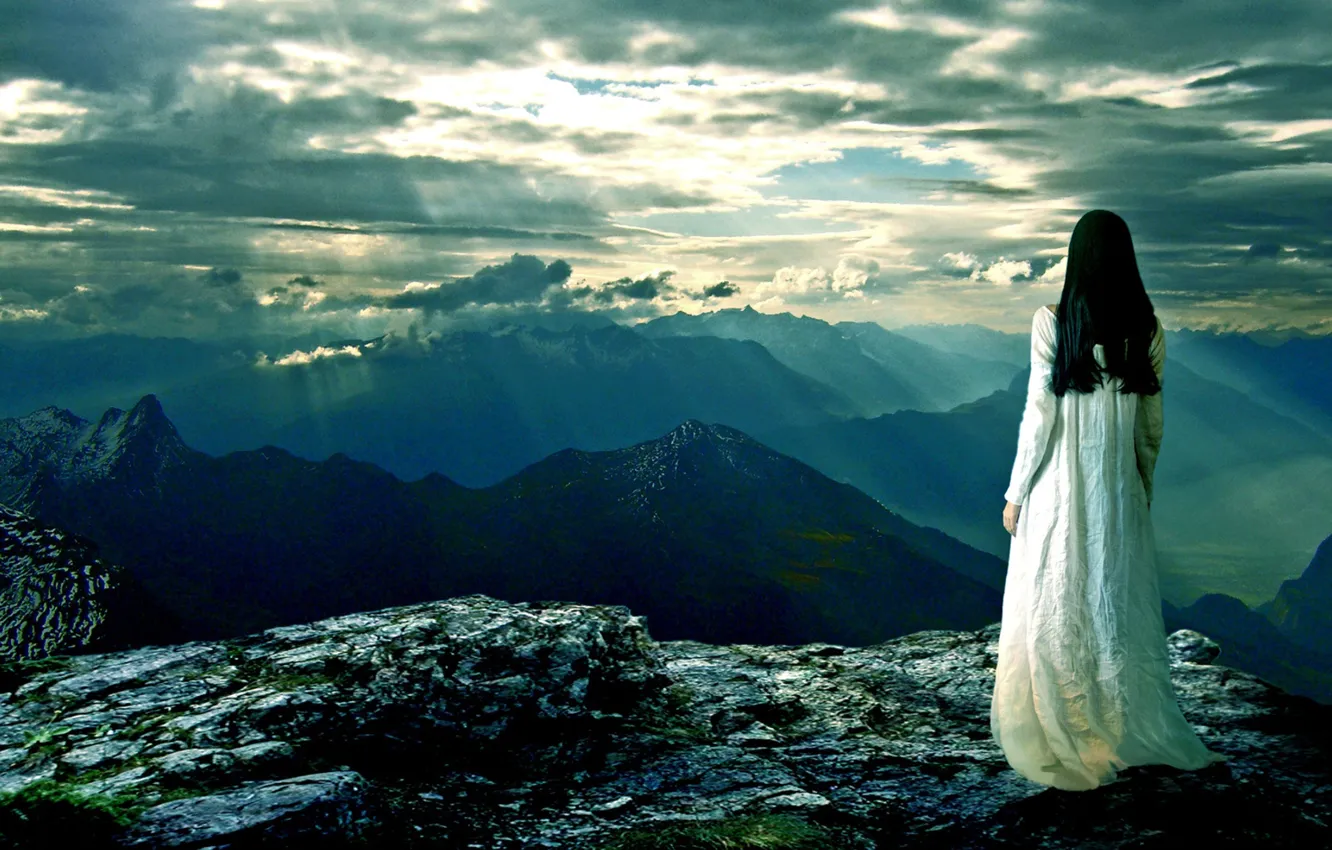 Photo wallpaper the sky, girl, mountains, space, the sun's rays