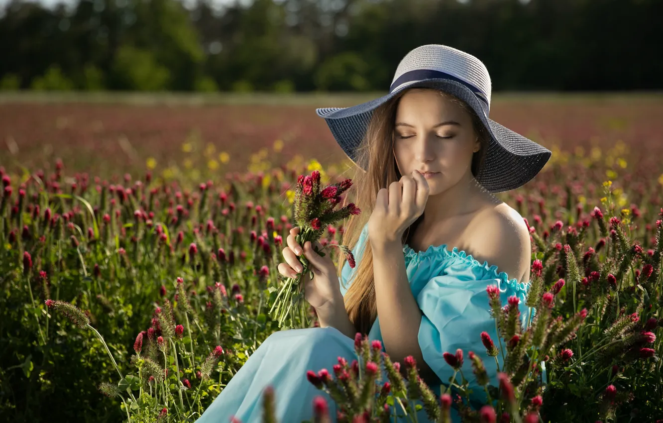 Photo wallpaper field, summer, girl, flowers, pose, hat, hands, sitting