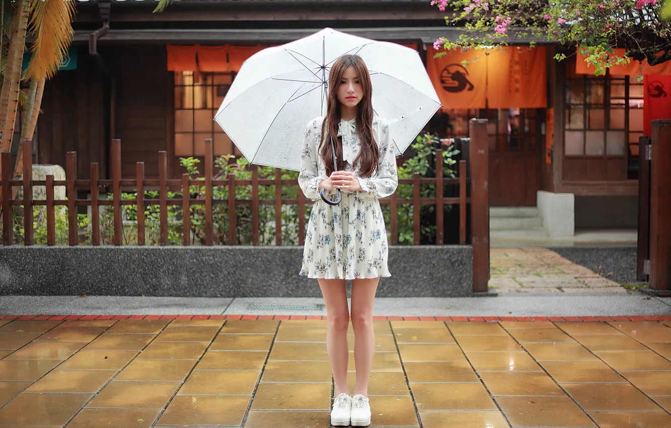 Photo wallpaper girl, face, umbrella, rain, hair, dress, legs