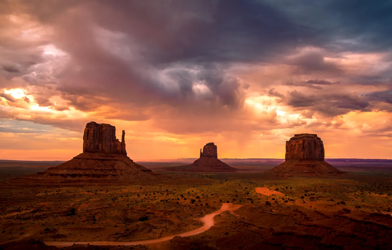 Photo wallpaper the sky, clouds, mountains, rocks, the evening, USA, Monument valley