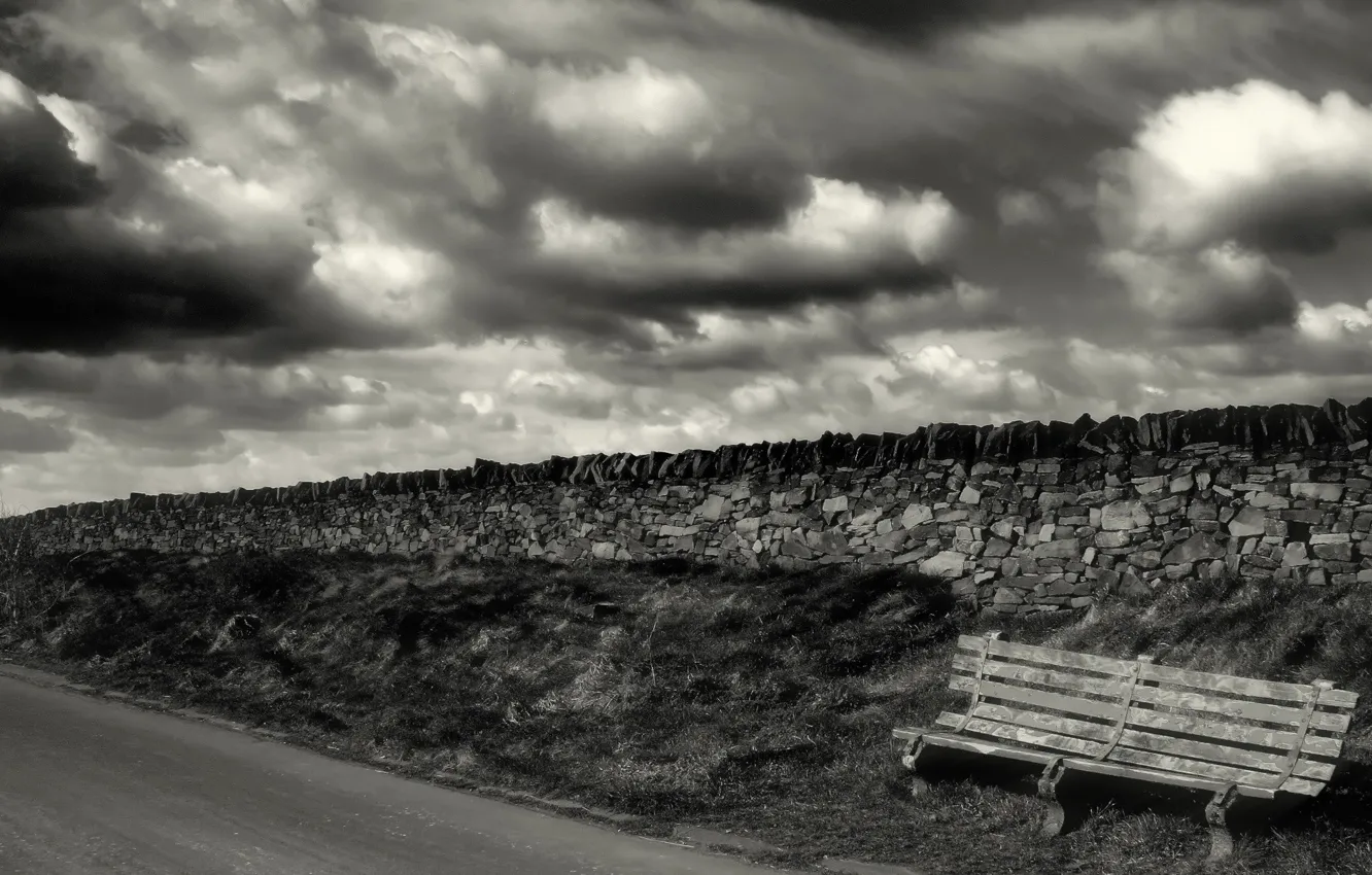 Photo wallpaper bench, black and white, Road