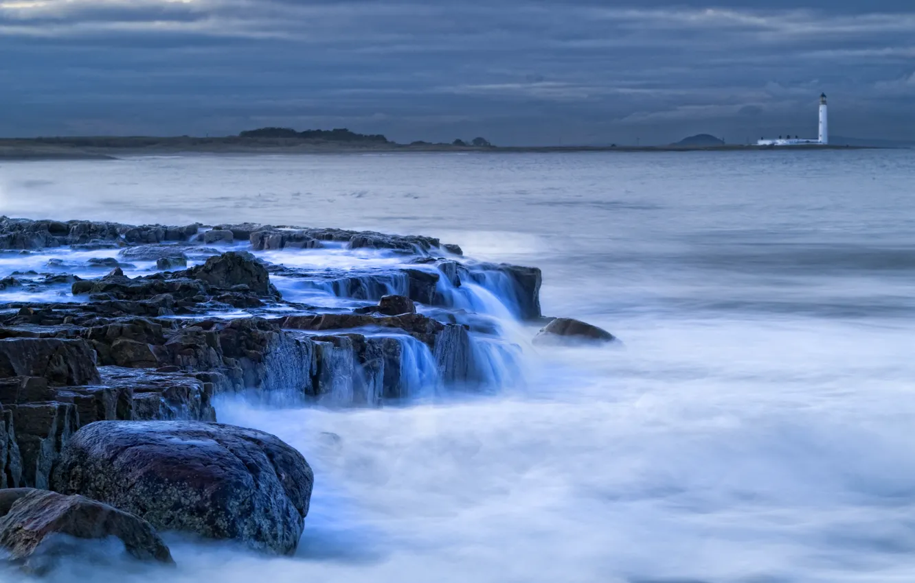 Photo wallpaper sea, the sky, clouds, stones, shore, lighthouse, the evening, Scotland