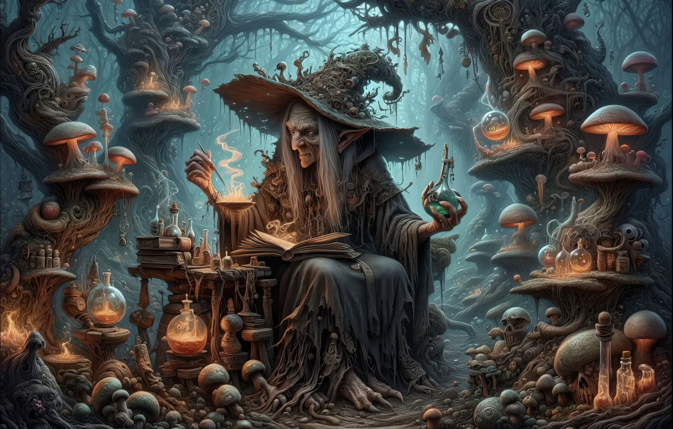 Photo wallpaper mushrooms, hat, witch, the old woman, potion