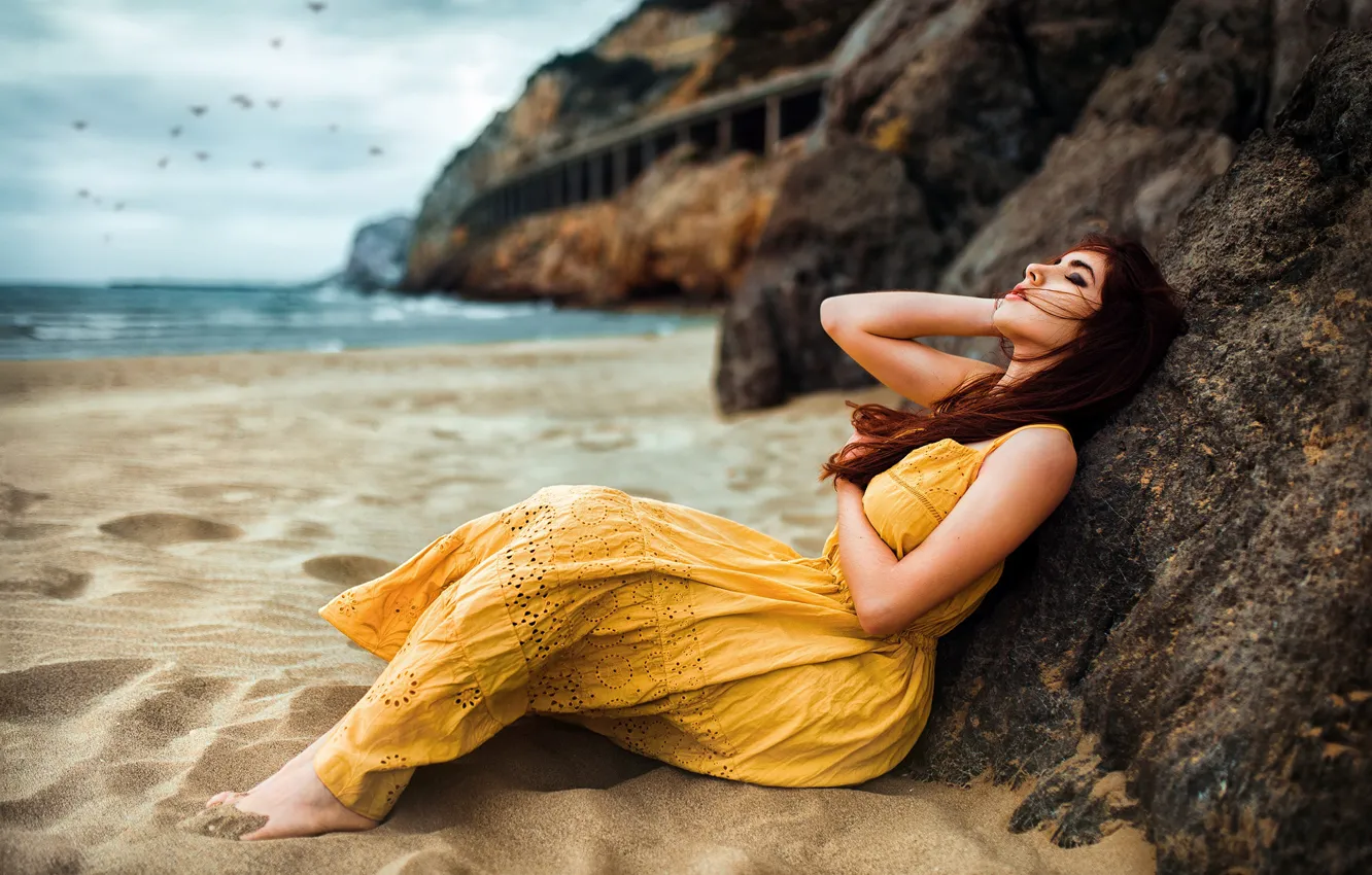 Photo wallpaper sea, beach, pose, stones, rocks, bird, model, makeup