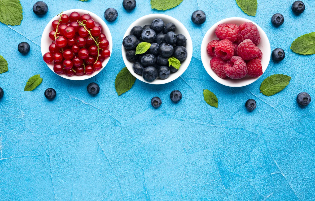 Photo wallpaper berries, bowl, blue background