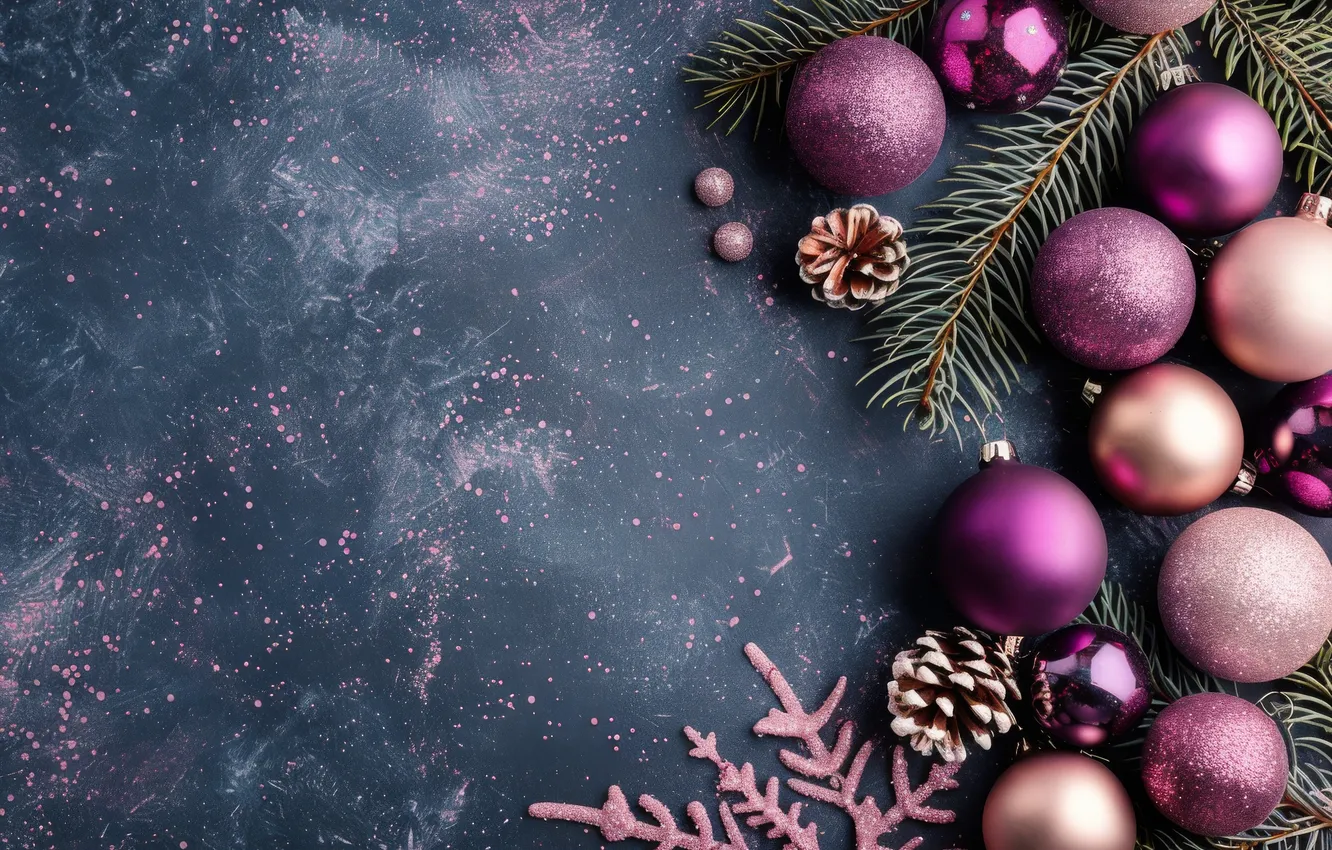 Photo wallpaper purple, balls, snowflakes, branches, Shine, new year, Christmas, pink