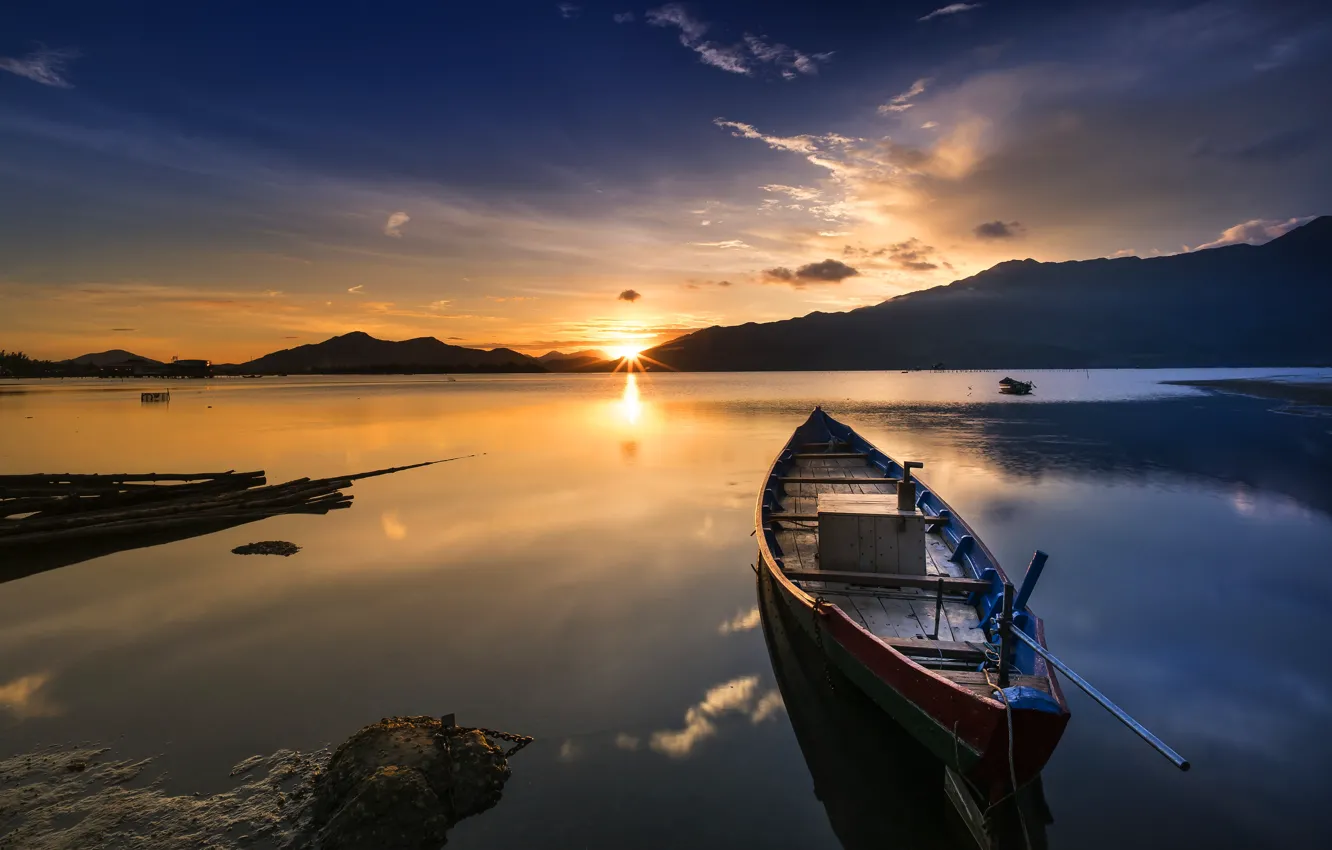 Photo wallpaper the sky, the sun, clouds, light, landscape, sunset, mountains, nature