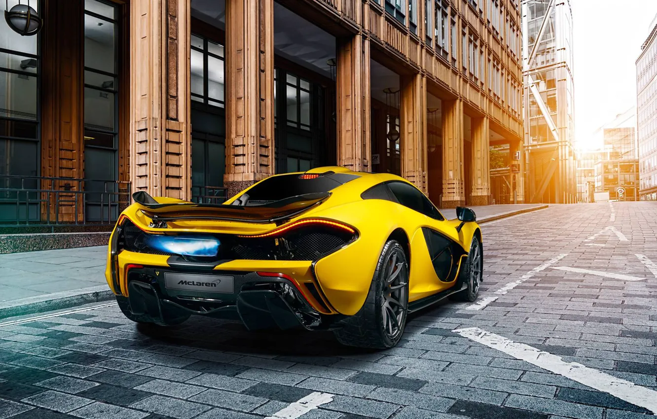 Photo wallpaper McLaren, Fire, Yellow, Supercar, Exhaust, Rear