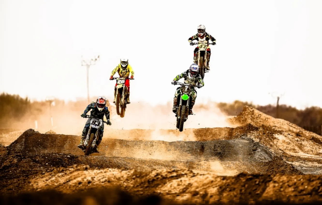 Photo wallpaper jump, desert, dust, motocross, extreme sports
