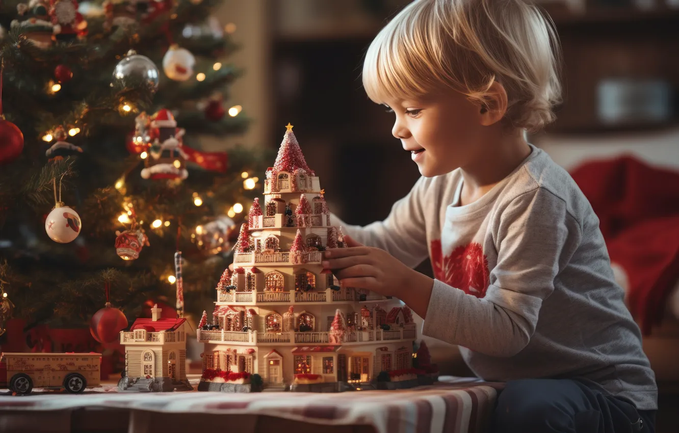 Photo wallpaper joy, lights, smile, castle, toy, the game, new year, tower