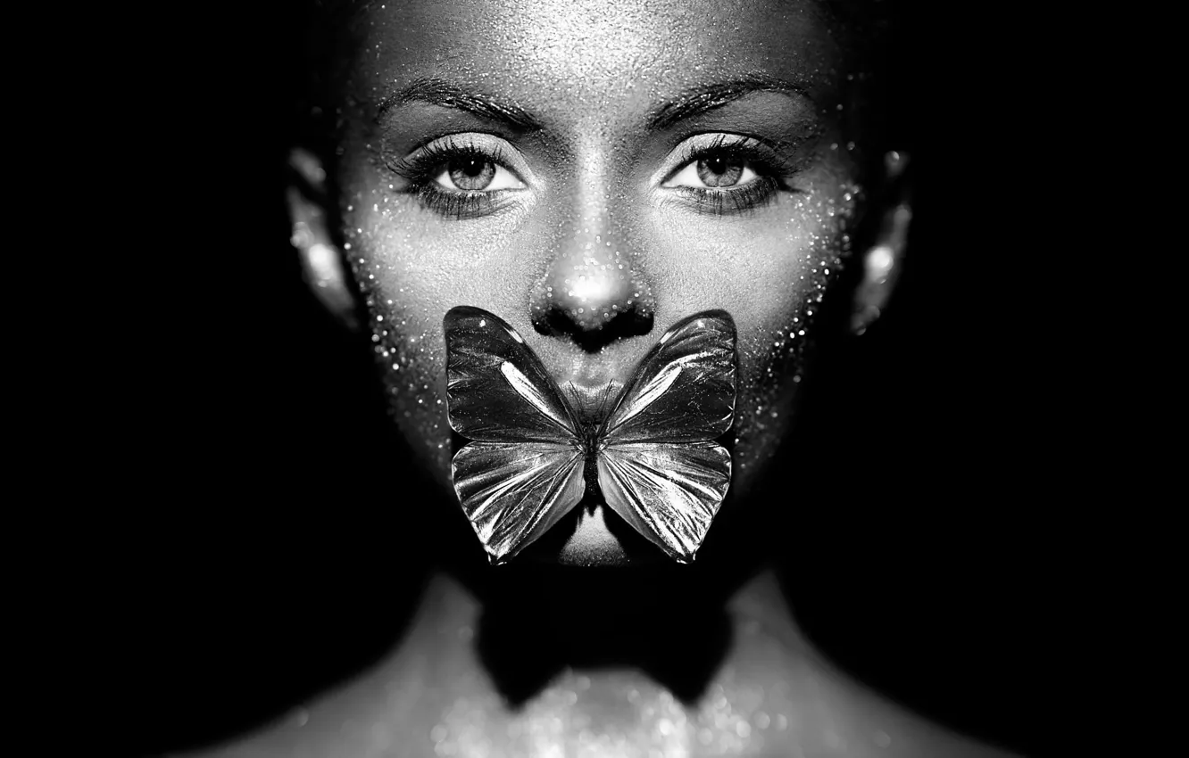 Photo wallpaper girl, butterfly, monochrome, Oleg Gekman, Fashion model woman